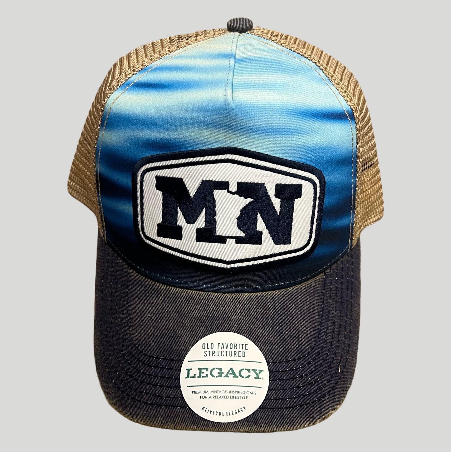 ANMN MN Hex Old Favorite Five-Panel Trucker Hat - Calm Waters/ Navy/Khaki